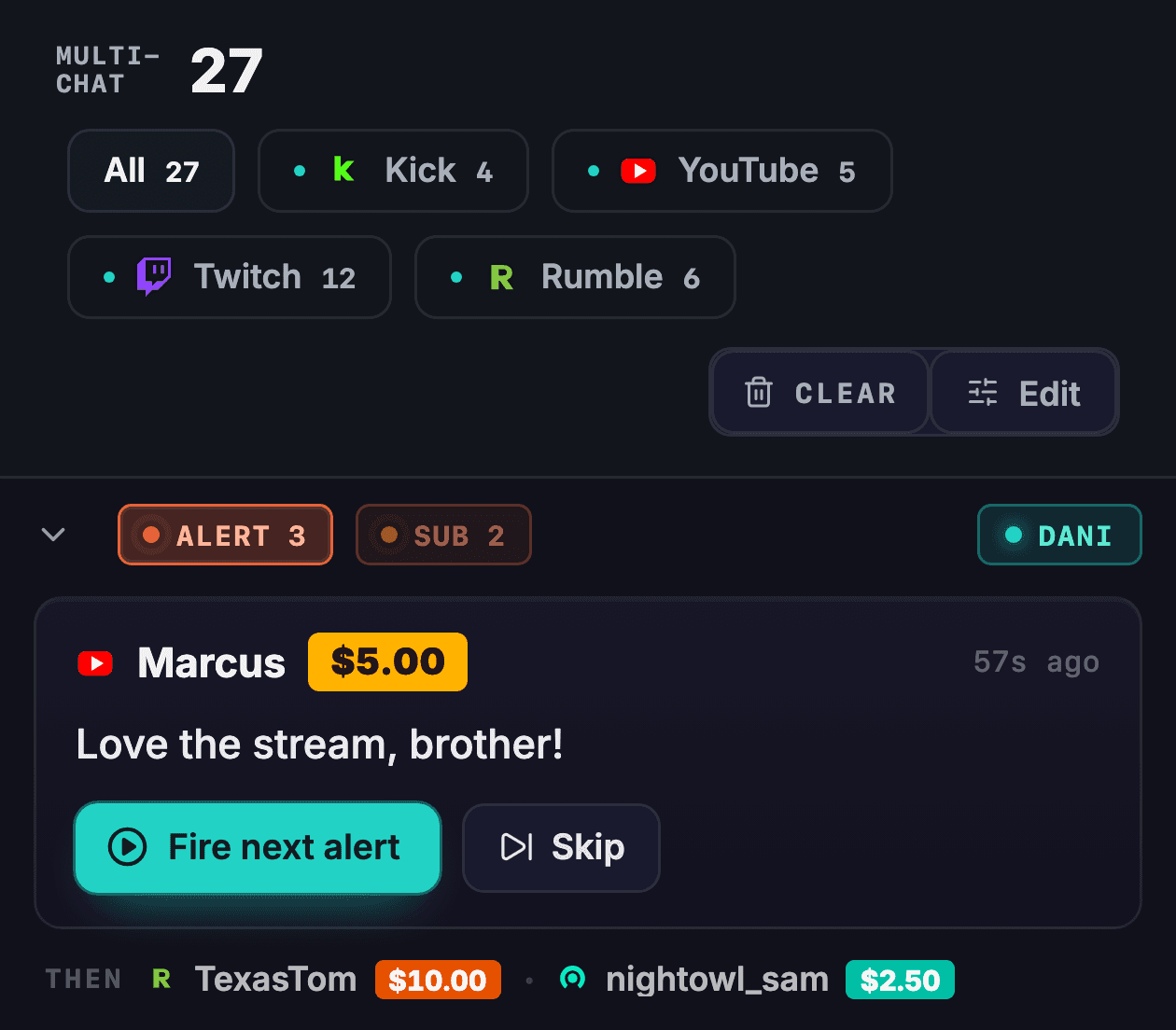 The Konduit chat window: chat from Twitch, Kick, YouTube, and Rumble in one feed, with a $5.00 Super Chat from Marcus waiting in Next Up beside Fire next alert and Skip